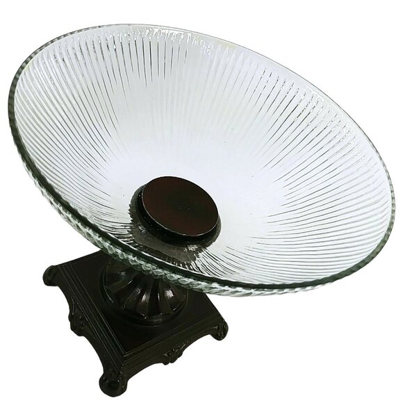 Compote Pedestal Bowl on Ornate Metal Base Table Centerpiece Vintage Decor - Picture 4 of 6